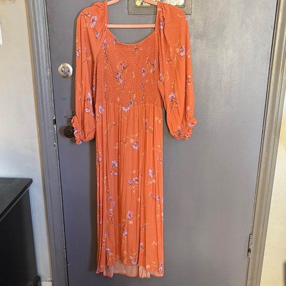 a.n.a Floral Smocked Maxi Dress Orange 1X Long Sleeve Cottagecore - Picture 3 of 4
